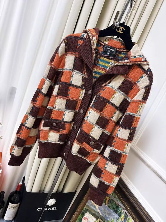 Chanel 18c Khaki and Orange Check cardigan