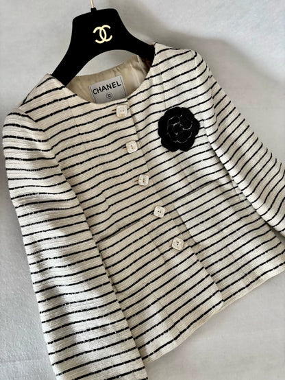 Chanel 01C Black and White Striped Camellia Sequin Jacket