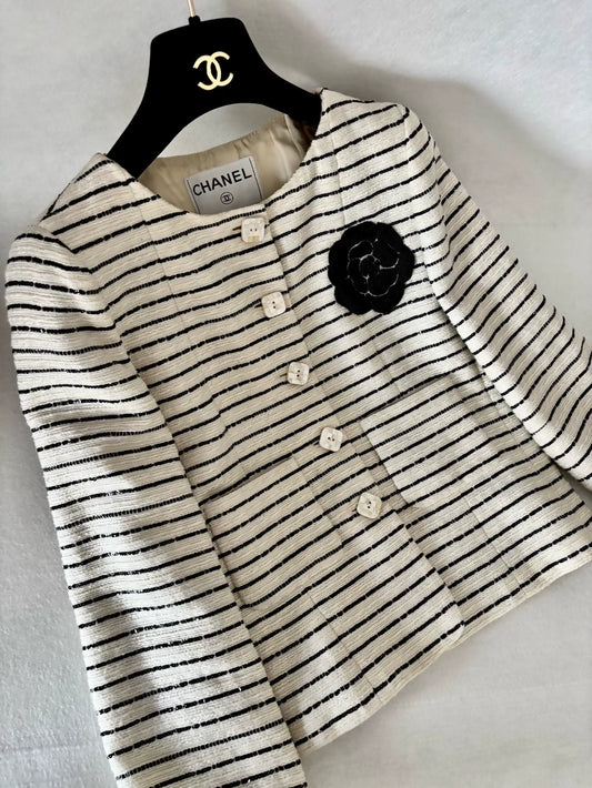 Chanel 01C Black and White Striped Camellia Sequin Jacket