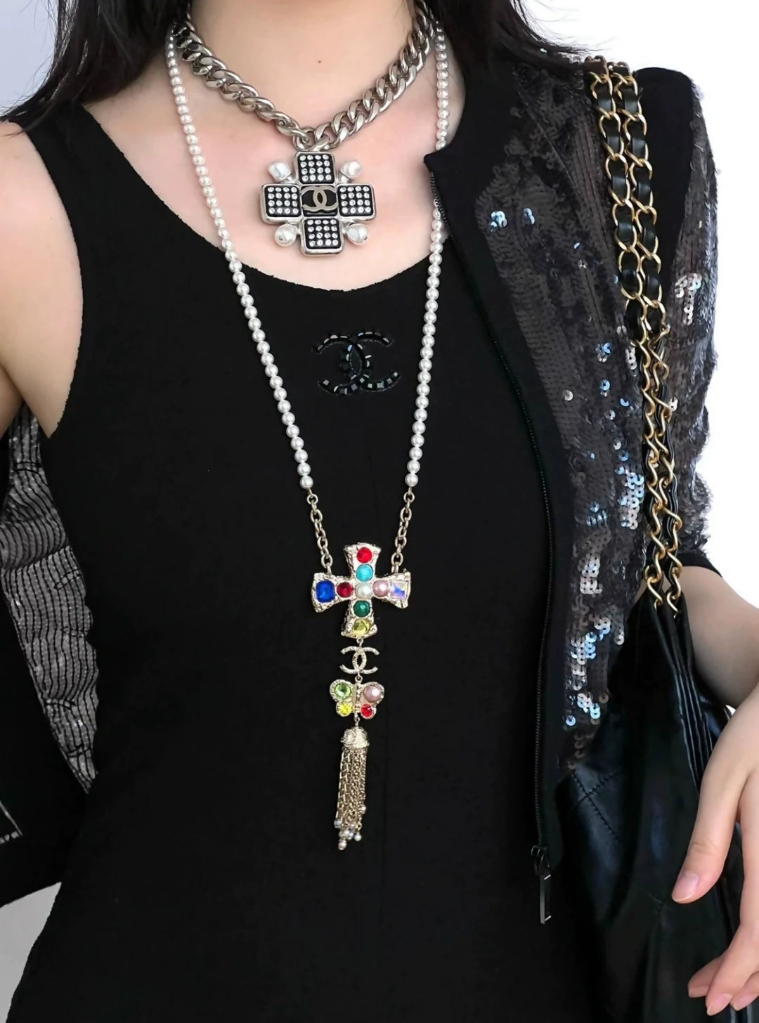 CHANEL 22P pearl rhinestone cross chain necklace