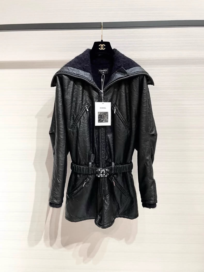 Chanel black leather jumpsuit with a warm wool lining
