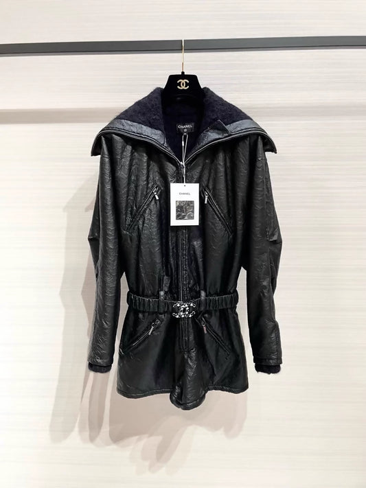 Chanel black leather jumpsuit with a warm wool lining