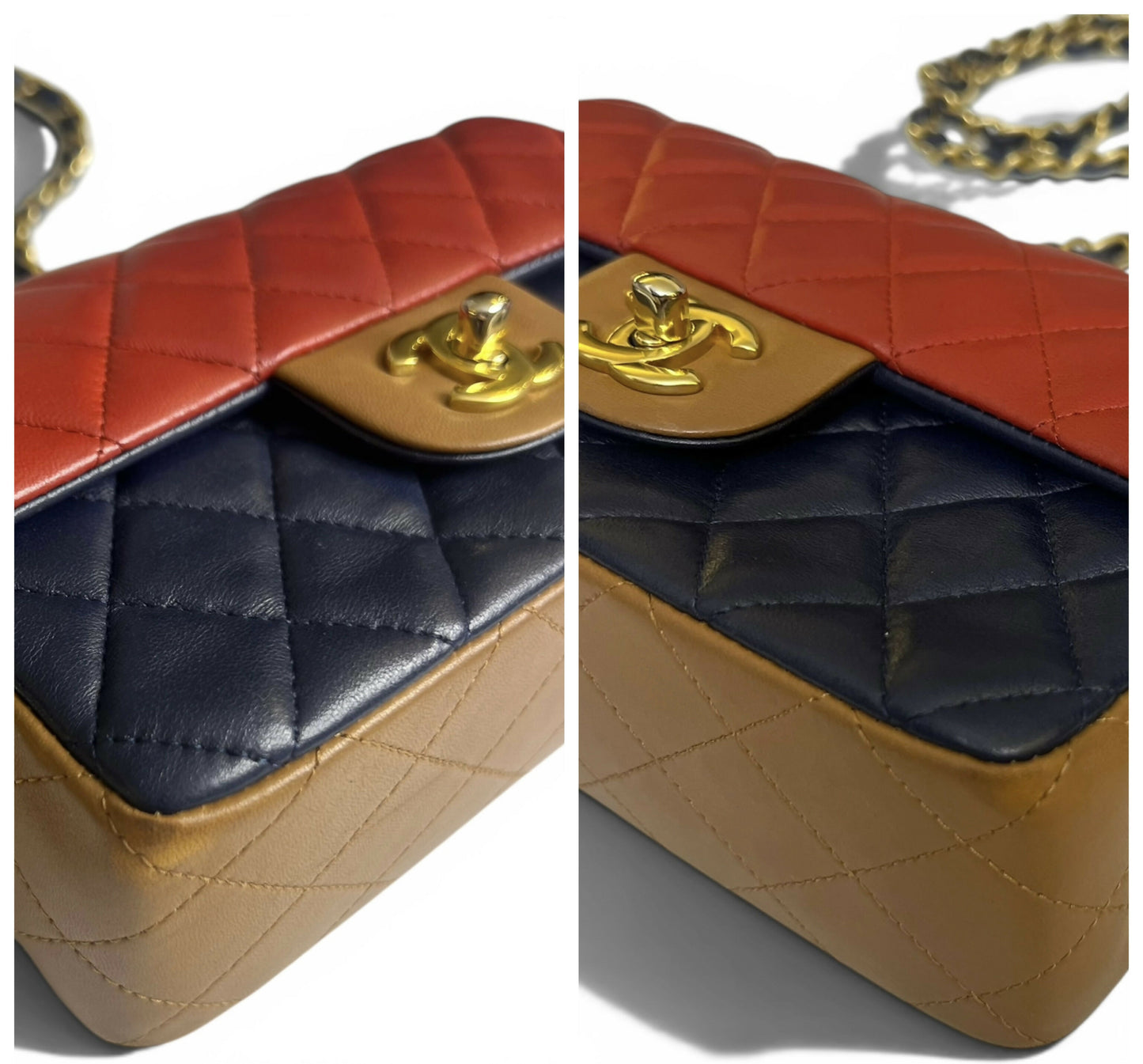 Rare Chanel 13A Edinburgh Tricolor Navy Red Caramel Quilted Lambskin Mini Classic Flap Bag GHW