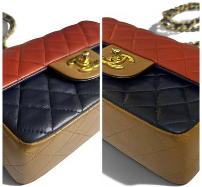 Rare Chanel 13A Edinburgh Tricolor Navy Red Caramel Quilted Lambskin Mini Classic Flap Bag GHW