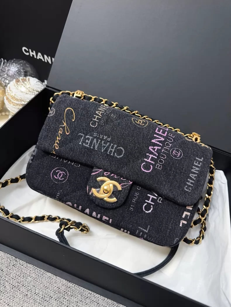 Chanel 22p dark grey denim crossbody bag