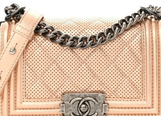 Chanel 15C Paris Dubai Rose Gold Metallic Calfskin Perforated Small Boy Flap Bag