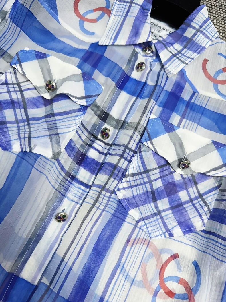 Chanel 23P blue and white silk shirt