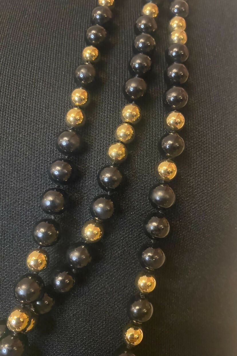 Chanel 16S Extra Long 3 Strand 4 CC Black Gold Mirror Beaded Necklace
