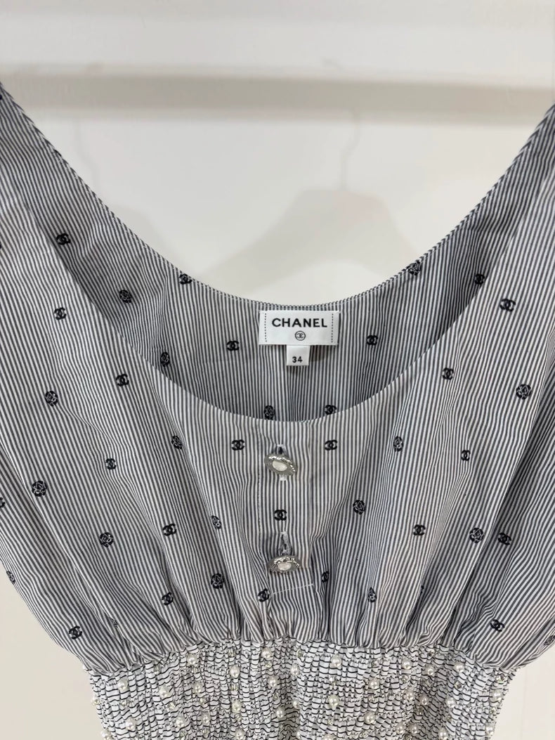 Chanel 24P Grey Pearl Striped Double C Top