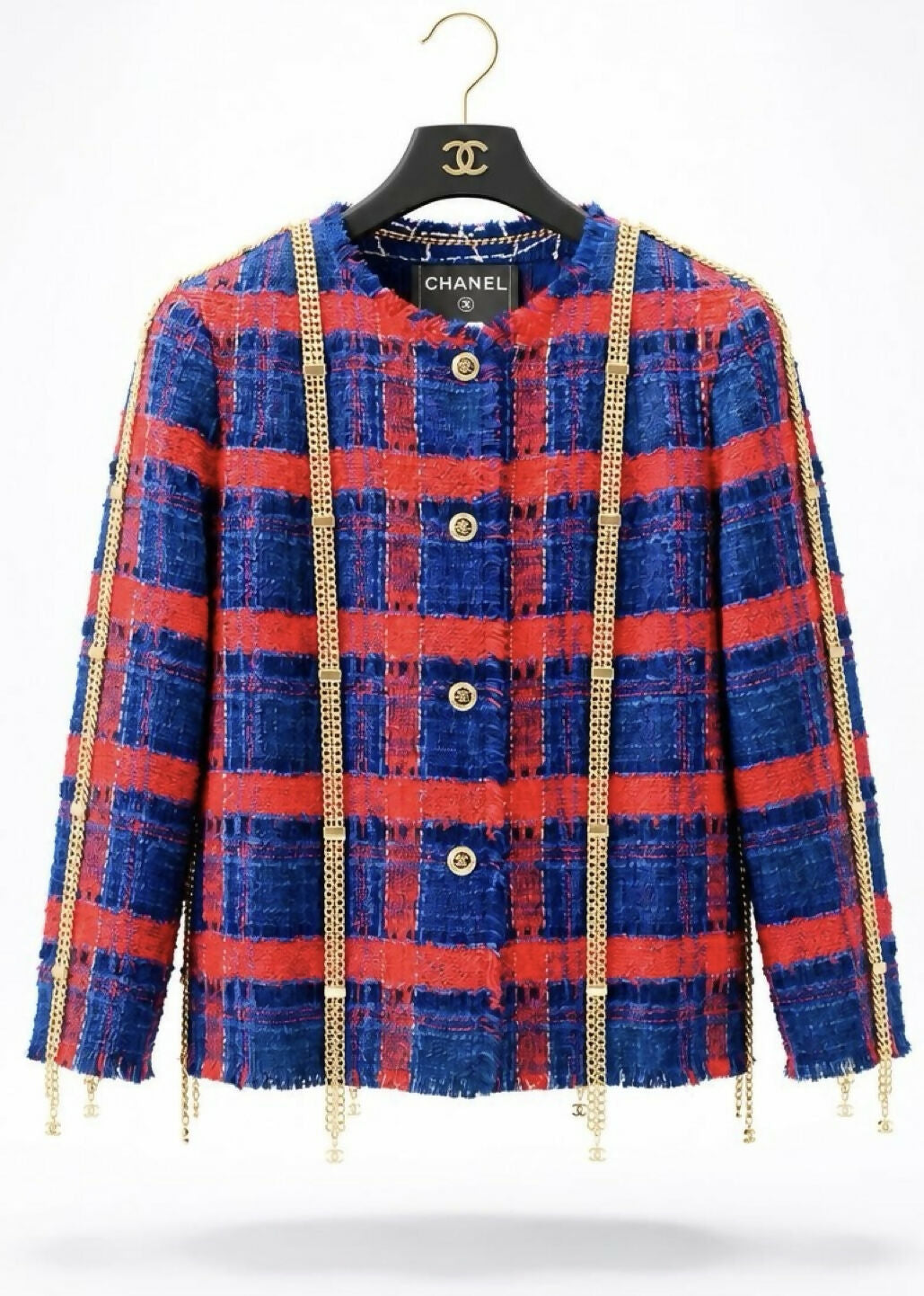 RARE CHANEL 08P RUNWAY BLUE RED GOLD CC MULTI CHAINS TWEED JACKET FR 44