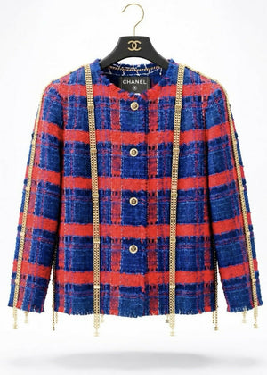 RARE CHANEL 08P RUNWAY BLUE RED GOLD CC MULTI CHAINS TWEED JACKET FR 44