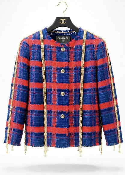RARE CHANEL 08P RUNWAY BLUE RED GOLD CC MULTI CHAINS TWEED JACKET FR 44