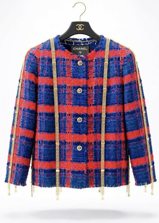 RARE CHANEL 08P RUNWAY BLUE RED GOLD CC MULTI CHAINS TWEED JACKET FR 44