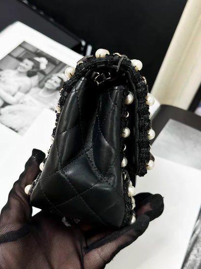 Chanel 20B black and gold pearl chain square crossbody bag