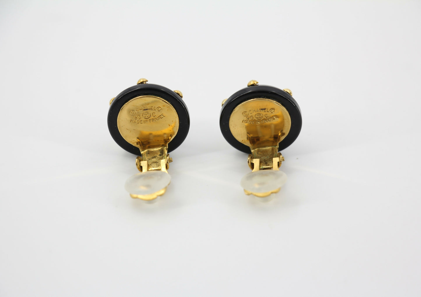 Chanel Vintage 96C Resin Black and Gold Polka Dot Clip-on Earrings