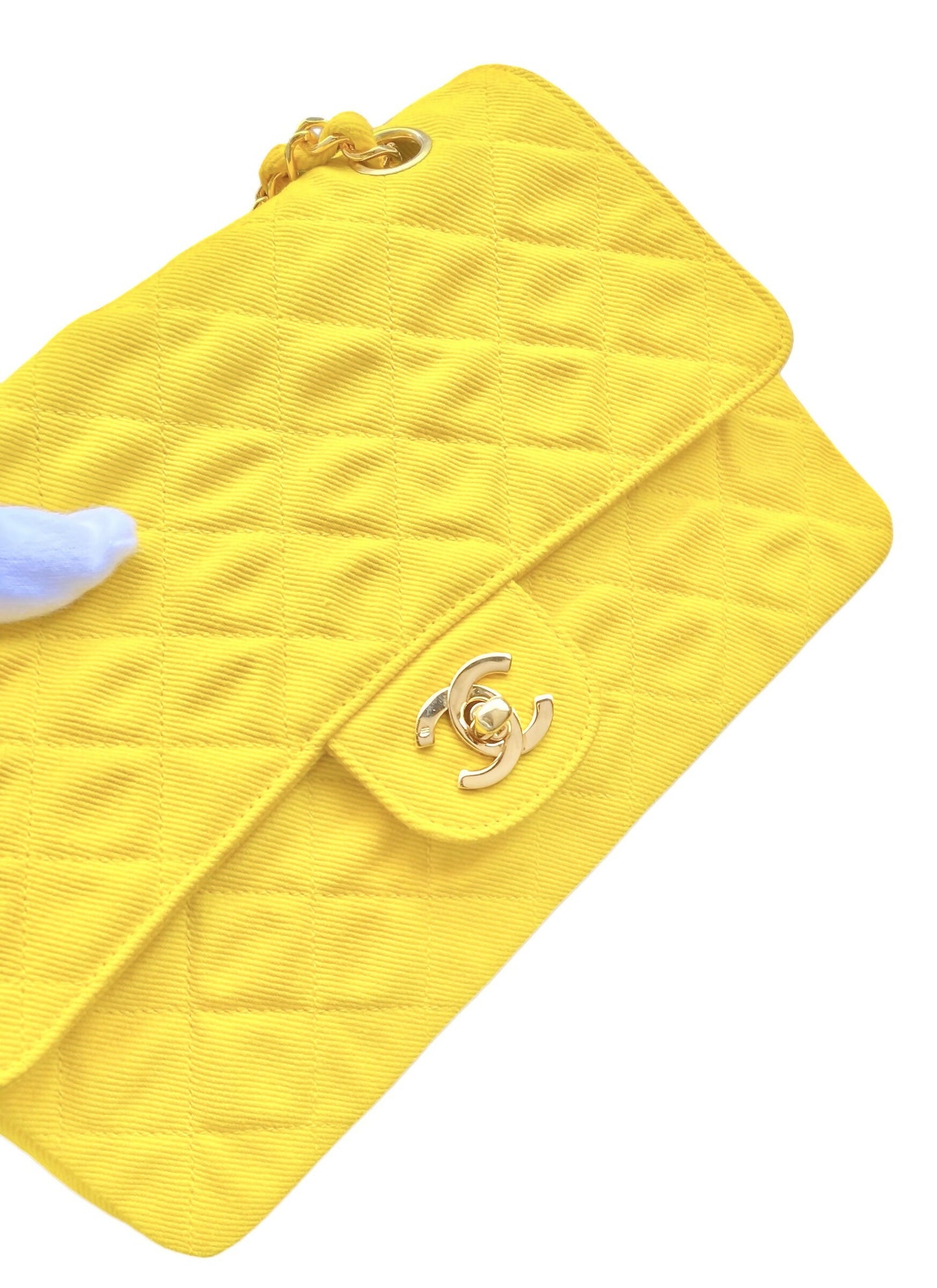 Vintage Chanel 1992 Yellow Denim Medium Classic Flap Bag 24K Gold Hardware