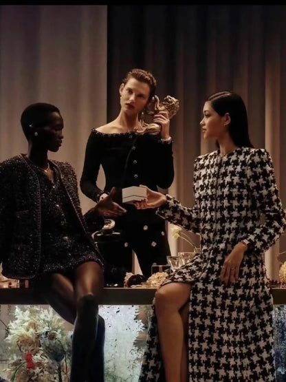 Chanel 21A Black and White Houndstooth Tweed Long Coat