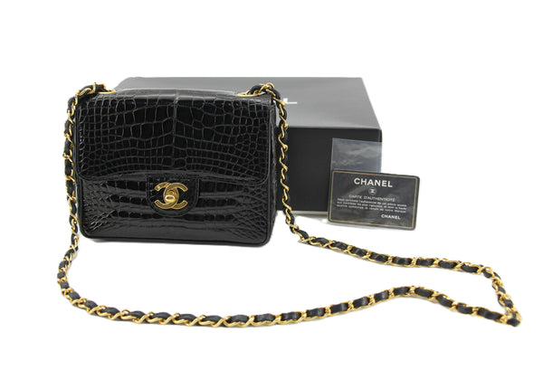 Chanel Vintage 89-91 Black Alligator Mini Square Gold Hardware
