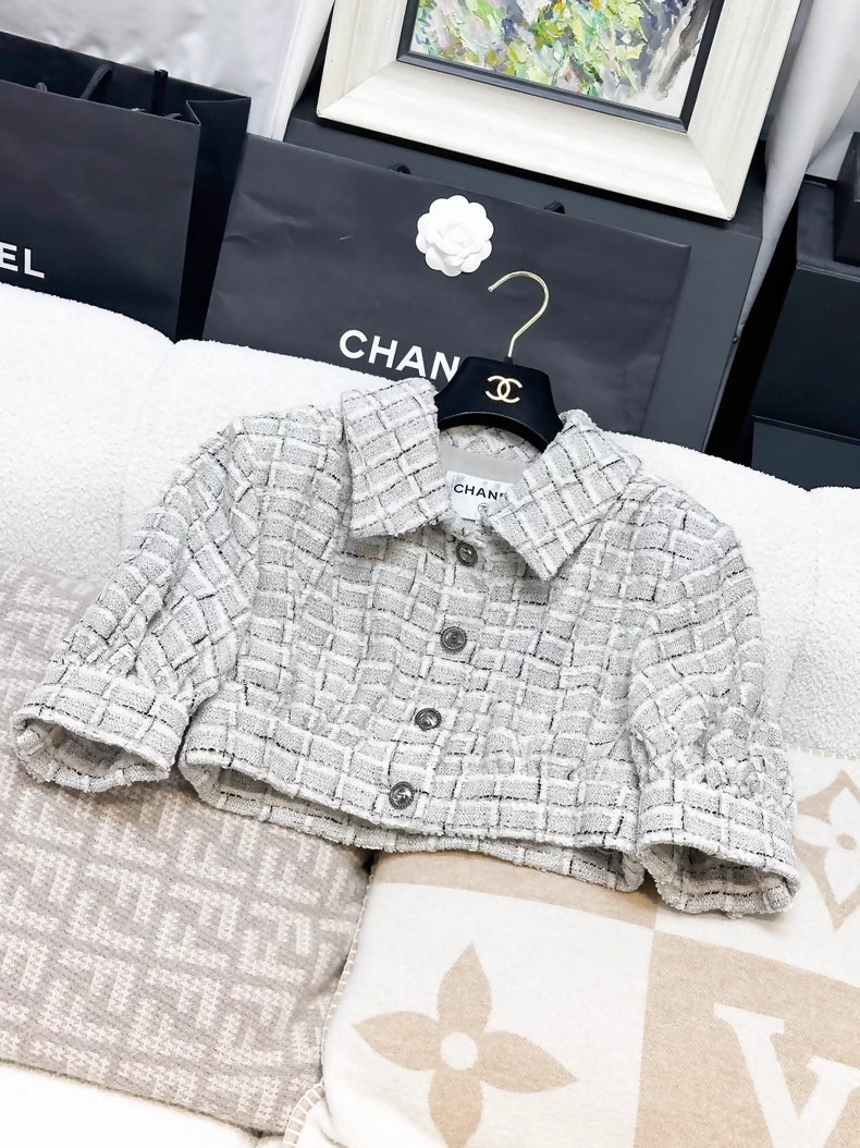 Chanel 22C Short Check Tweed Woven Jacket