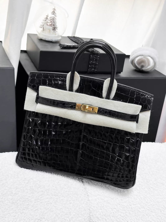 Hermes Birkin 25 black shiny crocodile leather gold hardware
