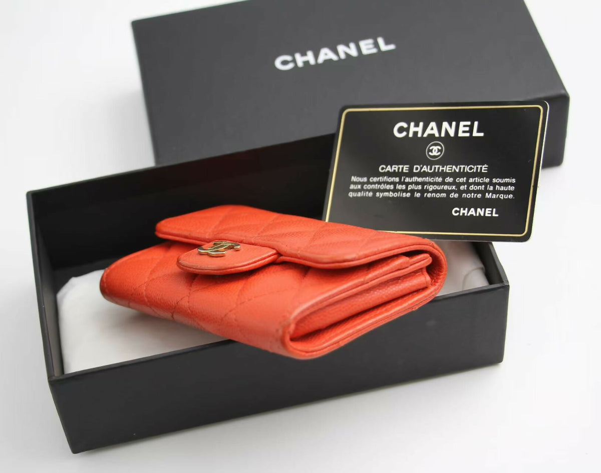 Chanel 2016 Authentic Caviar Quilted Orange Red Flap Card Holder Leather Wallet