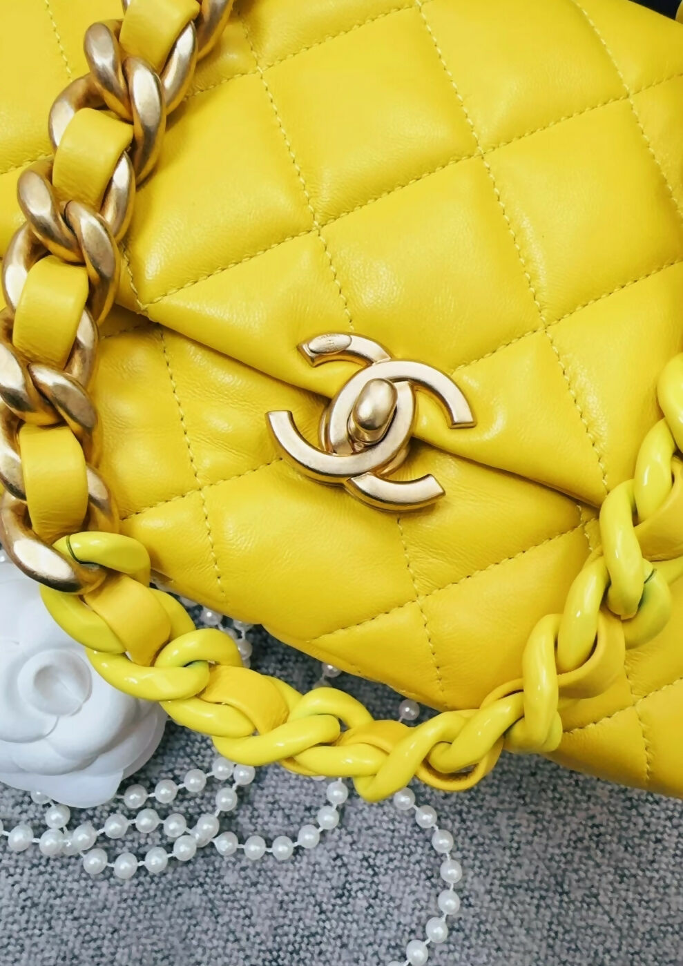 Chanel 22s yellow leather gold hardware mini flap crossbody bag