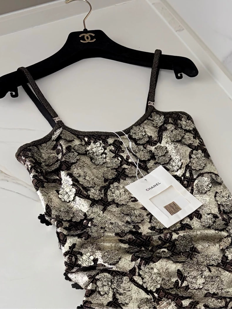 Chanel 25A Black Gold Camellia Embroidered Dress