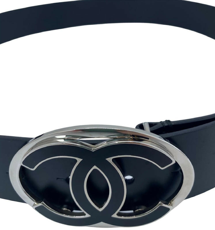 Chanel 2013 Black Silver Oval CC Leather Belt