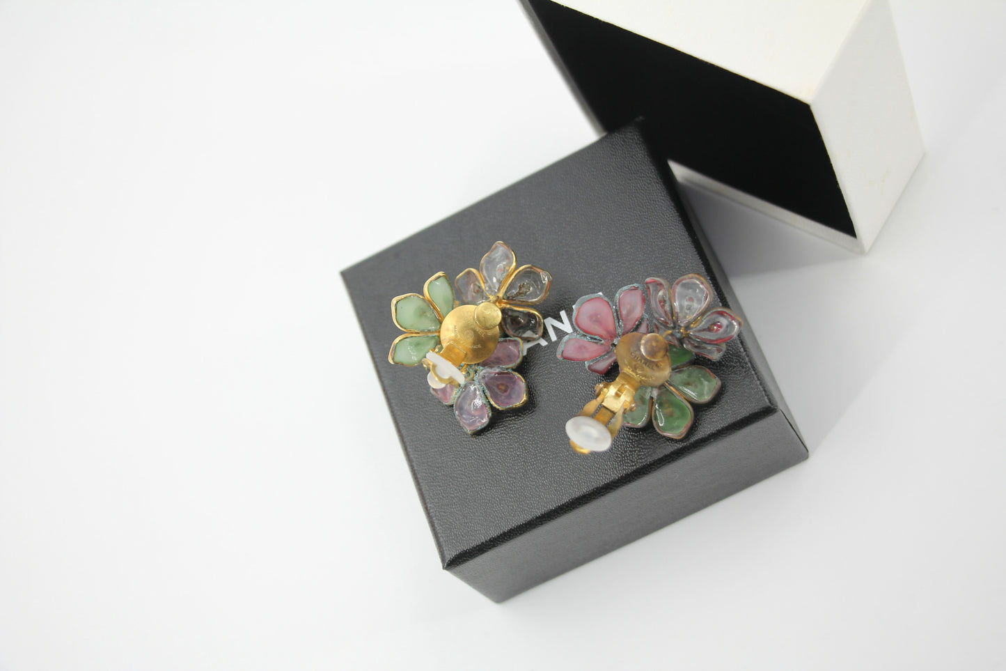 Chanel Vintage 71-80 Rhinestone Pink and Green Flower Earrings