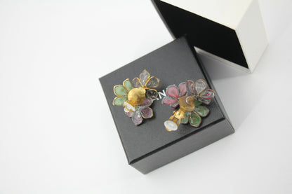 Chanel Vintage 71-80 Rhinestone Pink and Green Flower Earrings
