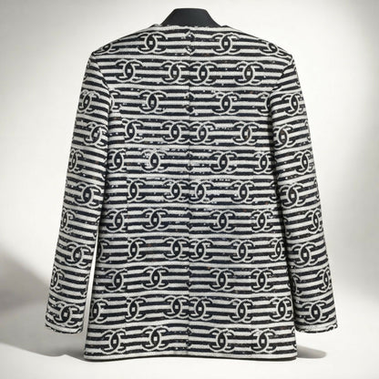 Chanel 22S Runway Sequin CC Logo Black and White Jacket FR 40