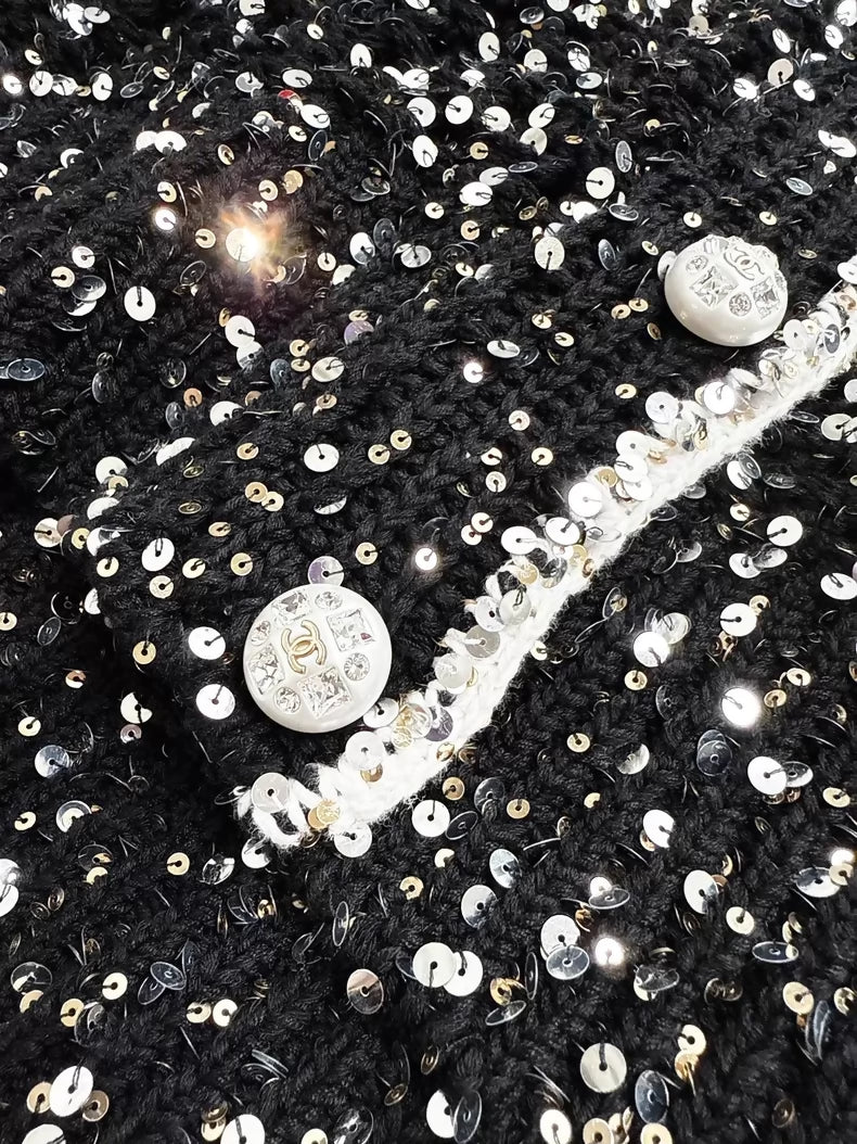 Chanel 23S black sequined knit cardigan with white piping