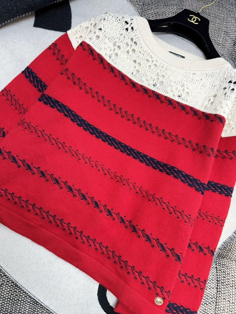 Chanel 21C Red Striped and White Cashmere Sweater