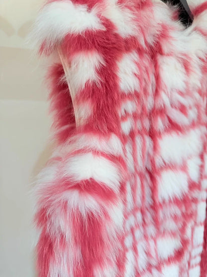 Dior red and white checkered fox fur vest