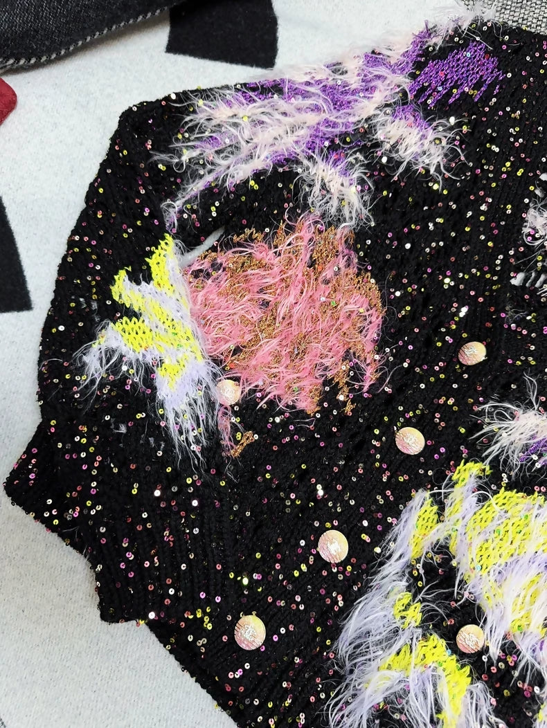Chanel 24C Black Ostrich Feather Colorful Sequin Cardigan