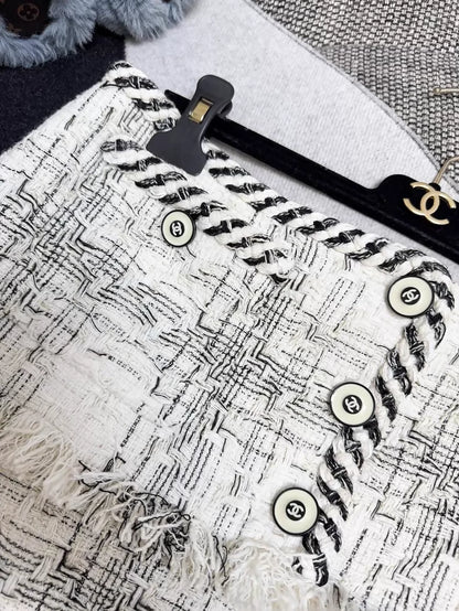 Chanel 18S Beige and Black Check Fringe Tweed Mini Skirt