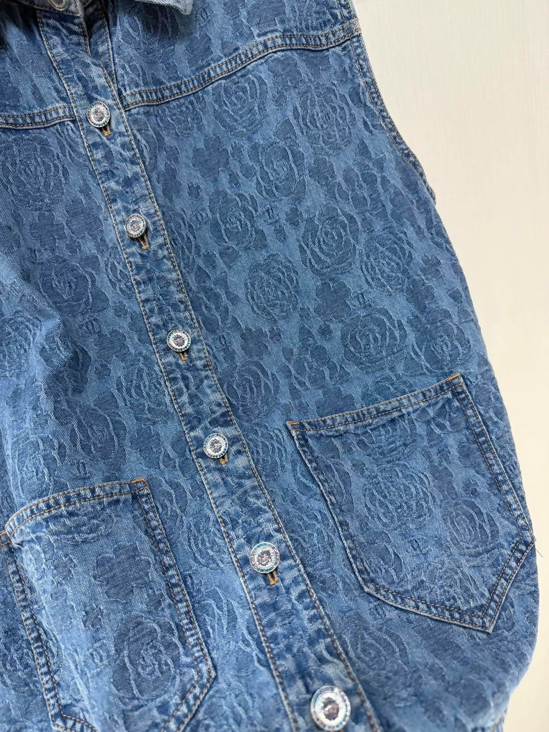 Chanel 23P Camellia Double C Rhinestone Button Denim Vest