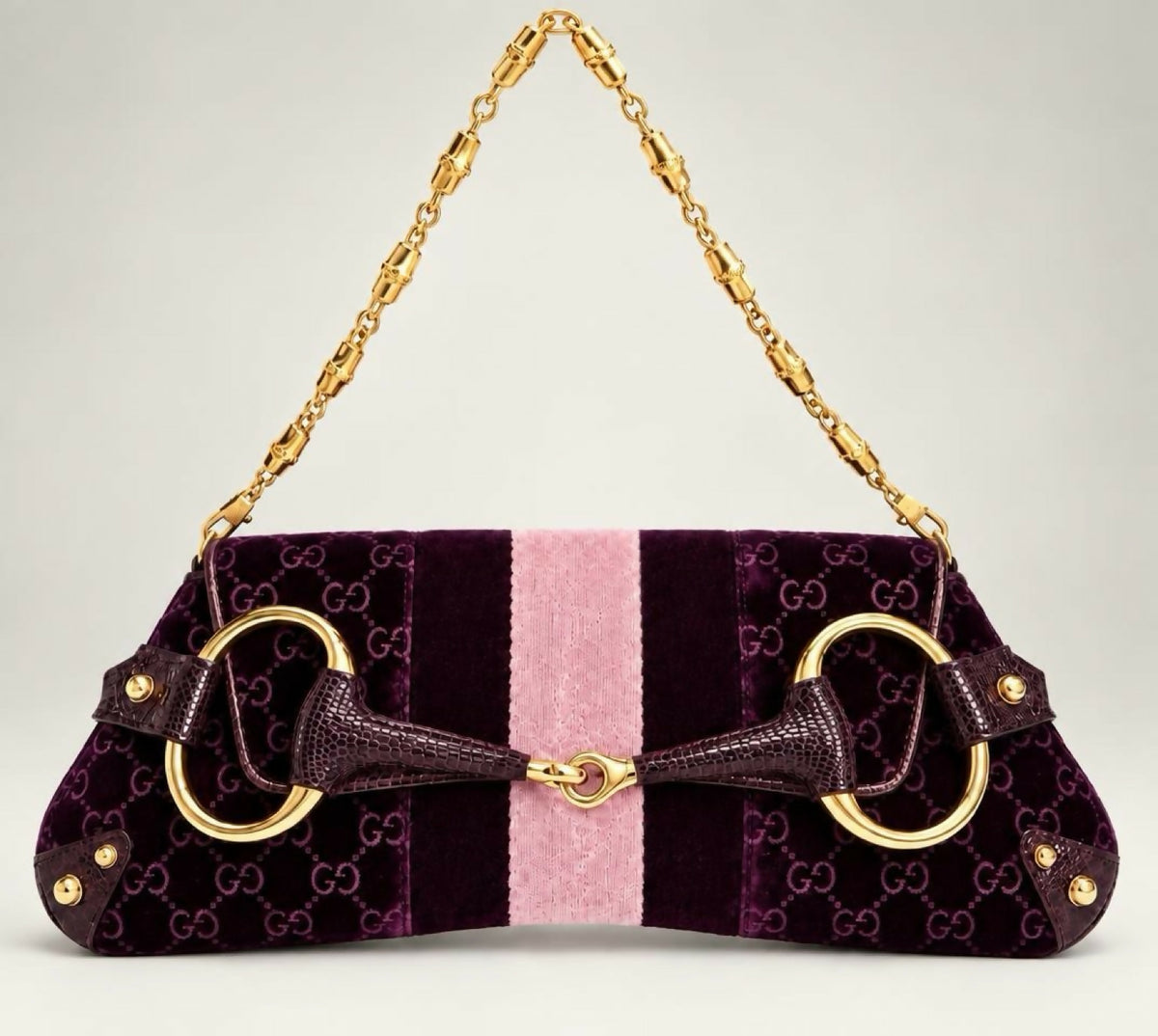 GUCCI Tom Ford XL Purple Velvet GG Exotic Lizard Trim Horsebit Clutch Bag