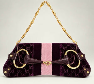 GUCCI Tom Ford XL Purple Velvet GG Exotic Lizard Trim Horsebit Clutch Bag