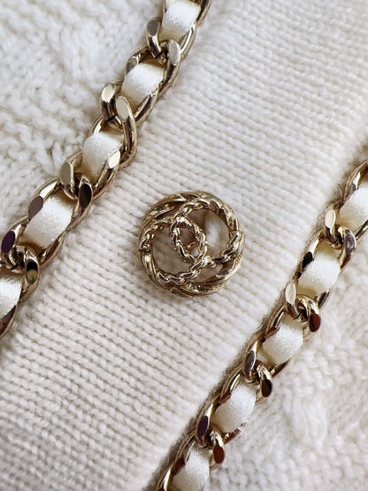 Chanel 23B off-white classic leather cashmere knit cardigan