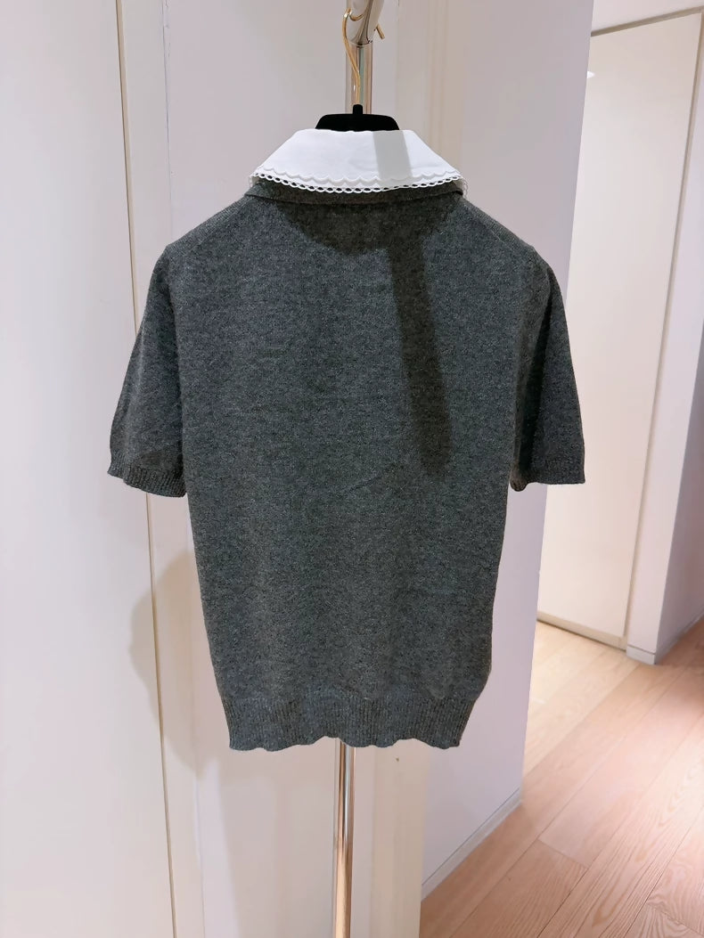 Miu Miu grey logo letter Peter Pan collar faux two-piece cashmere knit short-sleeved top
