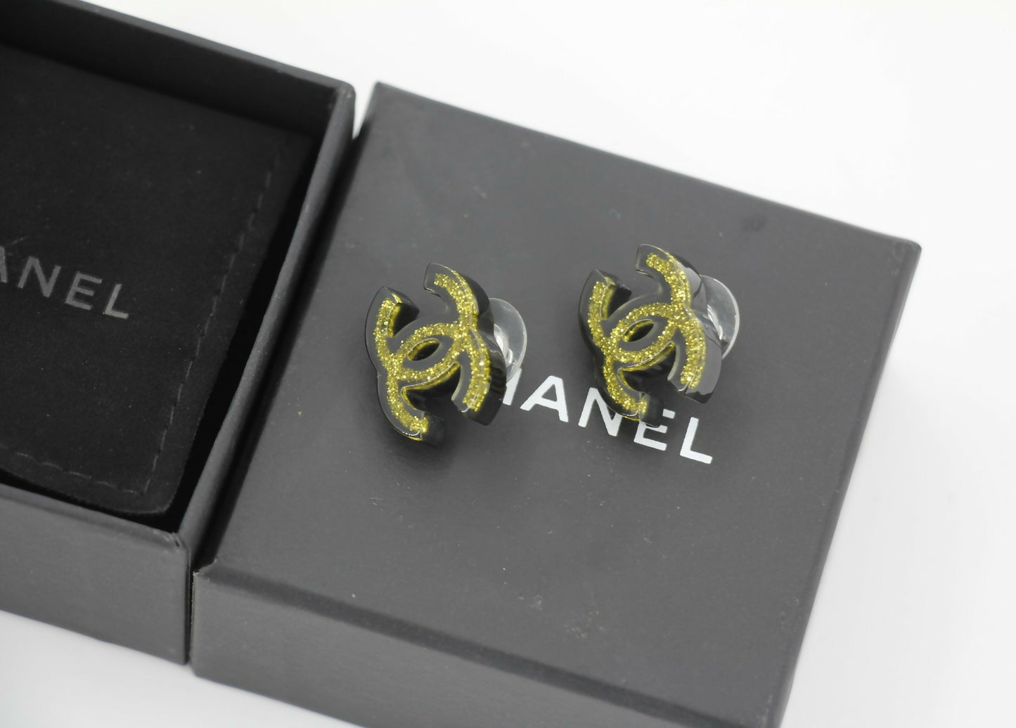 Chanel 17S Resin Gold Powder Black Stud Earrings