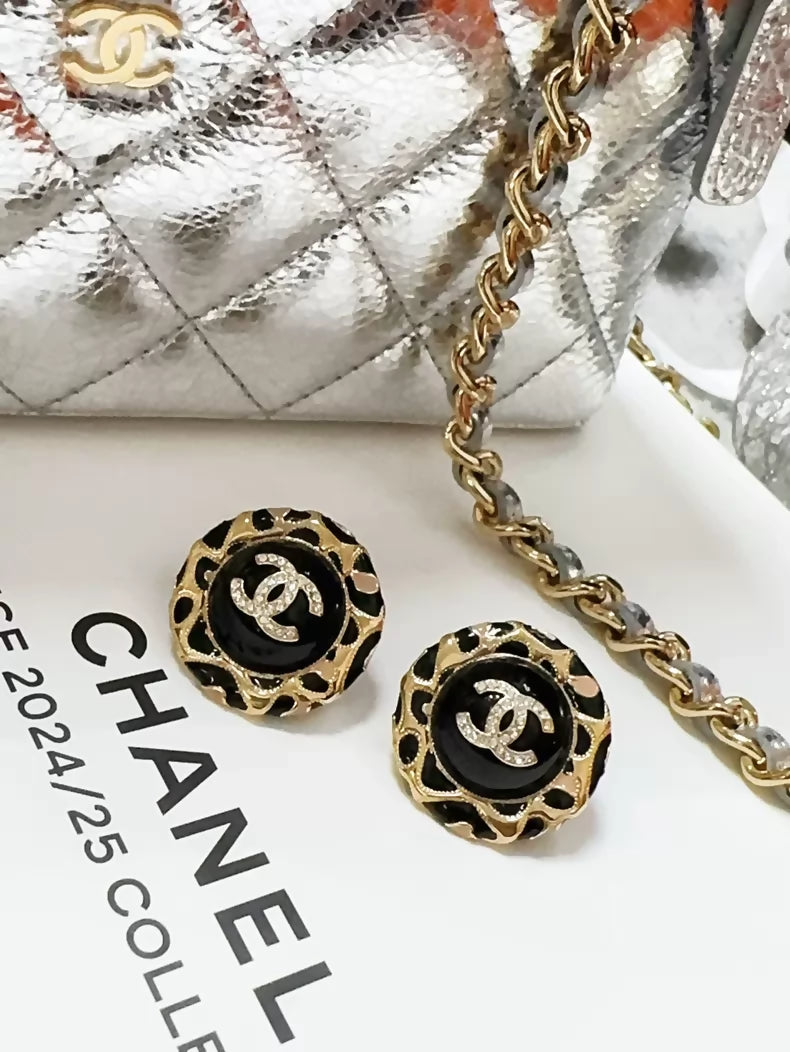 Chanel 22P classic black enamel vintage double C gold logo button round rhinestone stud earrings