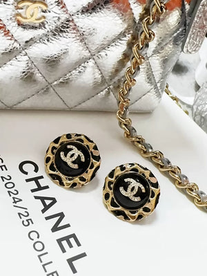 Chanel 22P classic black enamel vintage double C gold logo button round rhinestone stud earrings