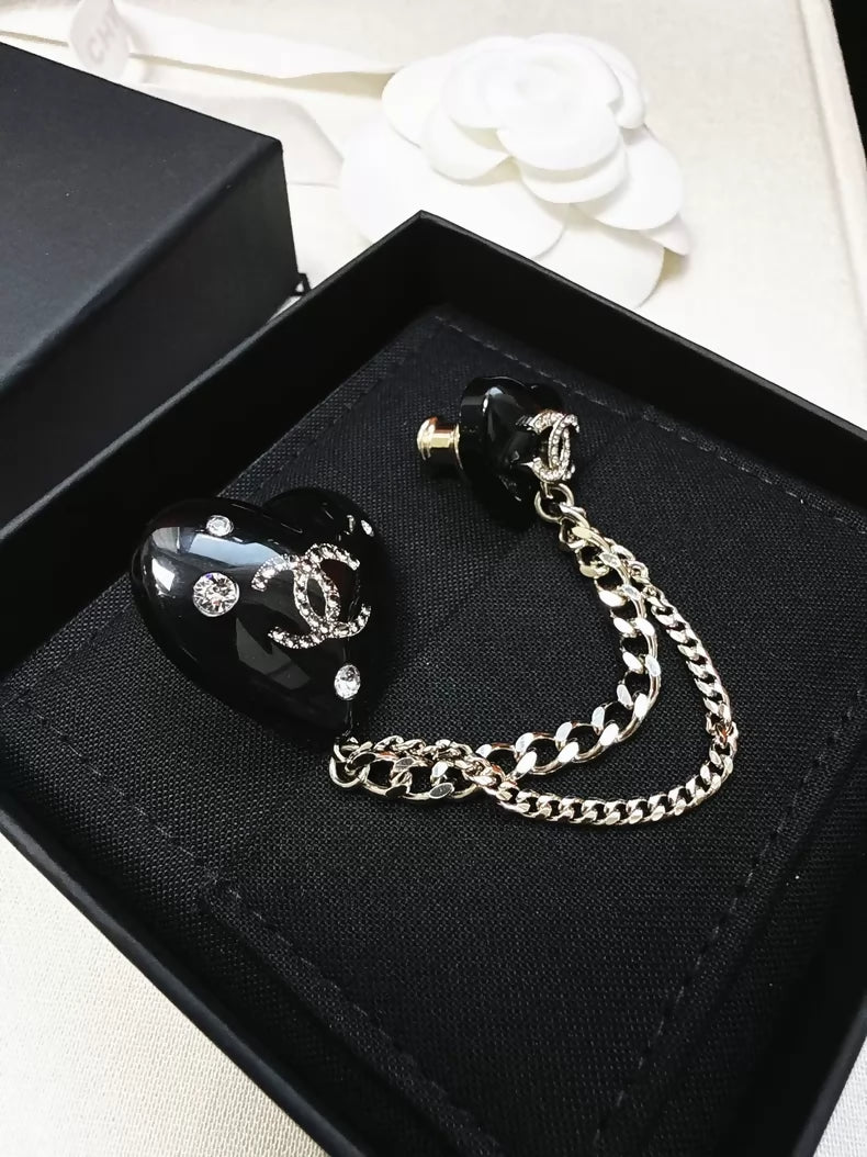 Chanel 22 Black Diamond-Studded Heart Brooch with Double C Heart Chain