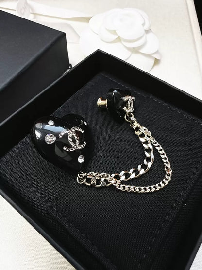 Chanel 22 Black Diamond-Studded Heart Brooch with Double C Heart Chain