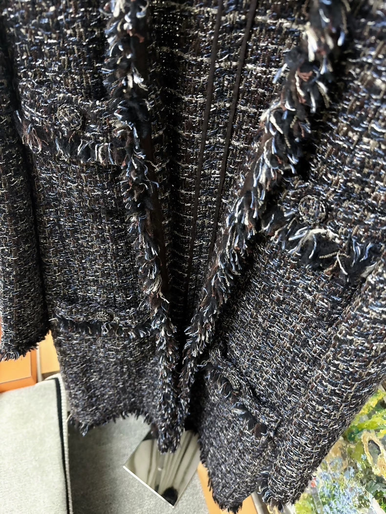 Chanel 19K grey Mixed Color Tweed Fringed Long Coat