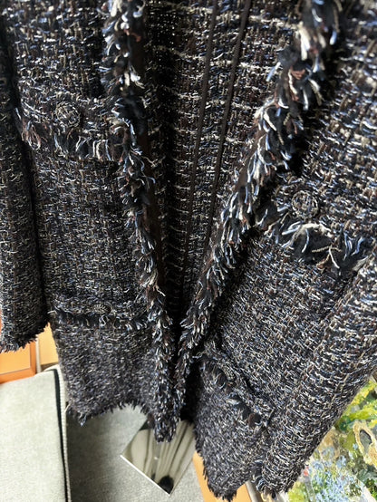 Chanel 19K grey Mixed Color Tweed Fringed Long Coat