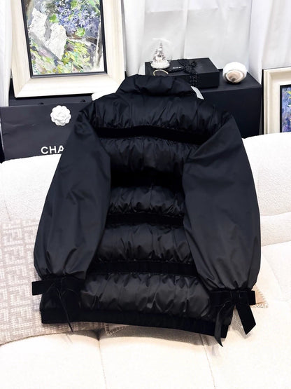 Chanel 25K black bow-tie stand collar long-sleeved down jacket