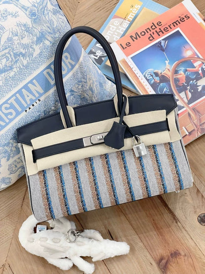 Hermès Birkin Shoulder Light 29 in Black Evercolor and Embroidered Toile Palladium Hardware